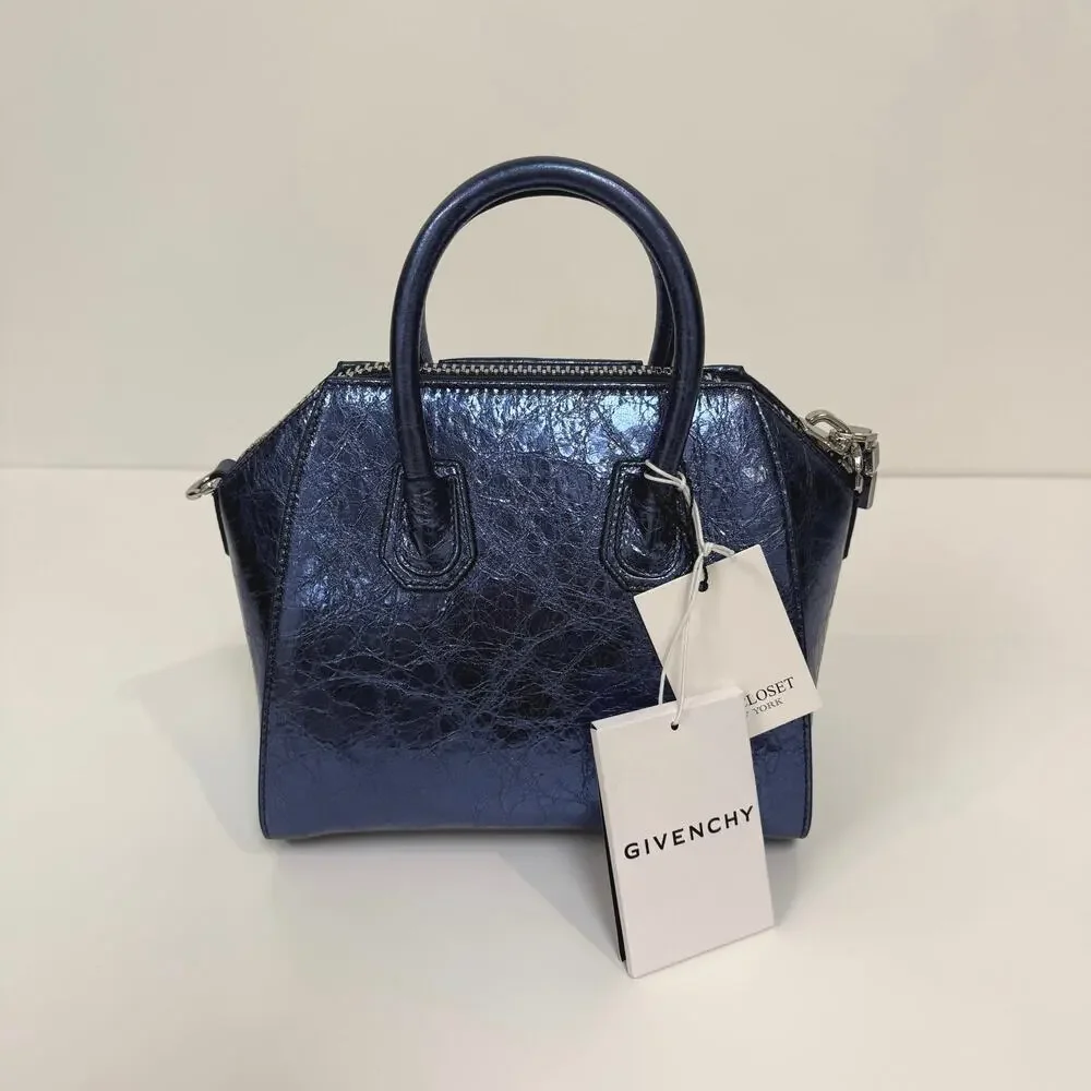 Givenchy Antigona Mini Blue Leather Top Handle Handbag Metallic Crossbody Bag